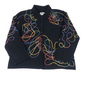 Vtg Chicos Boiled Wool Cardigan Sweater 2 Black Art To Wear String swirl